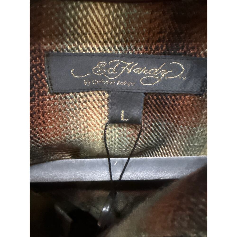 Large Ed Hardy by Christian Audigier Plaid Western Shirt with Studded Shoulders - Picture 3 of 5